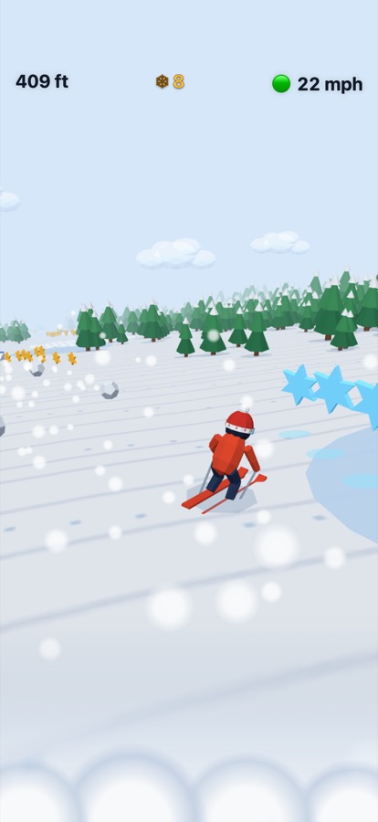 A skier racing downhill through pine trees with the avalanche close behind