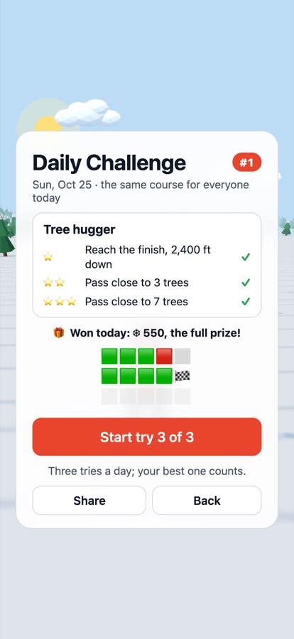 The Daily Challenge screen with three stars and a row of coloured squares for each try